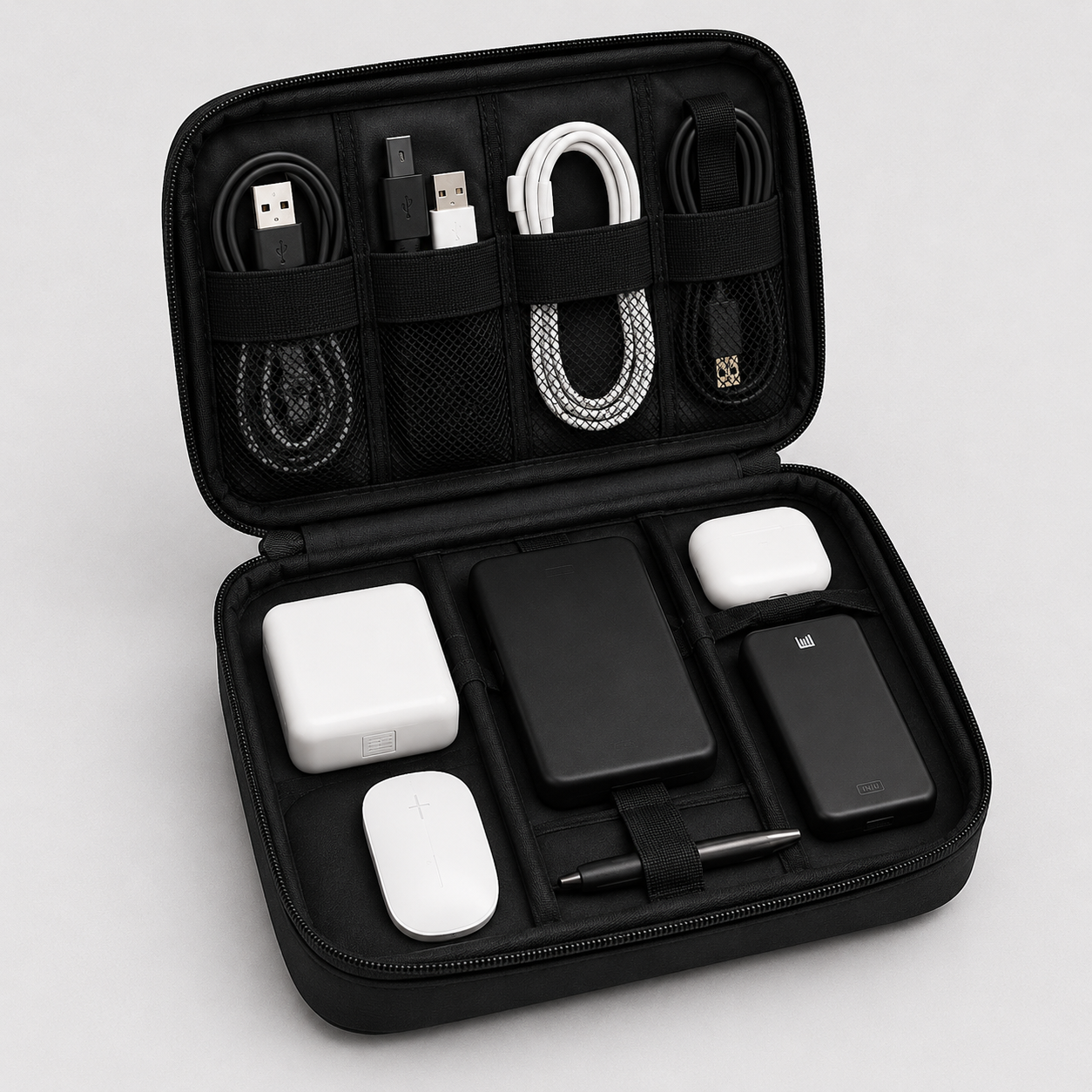 An open black zippered travel charging case on a light gray background, containing various charging accessories including cables, a power bank, earbud charging case, wireless earbuds case, and a pen.