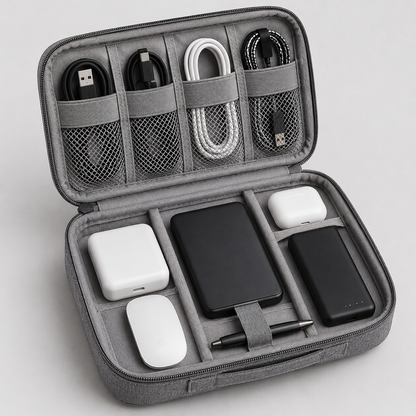 An open gray zippered travel organizer case filled with charging accessories, including cables, earbud cases, a power bank, a mouse, and a pen, photographed on a light gray background.