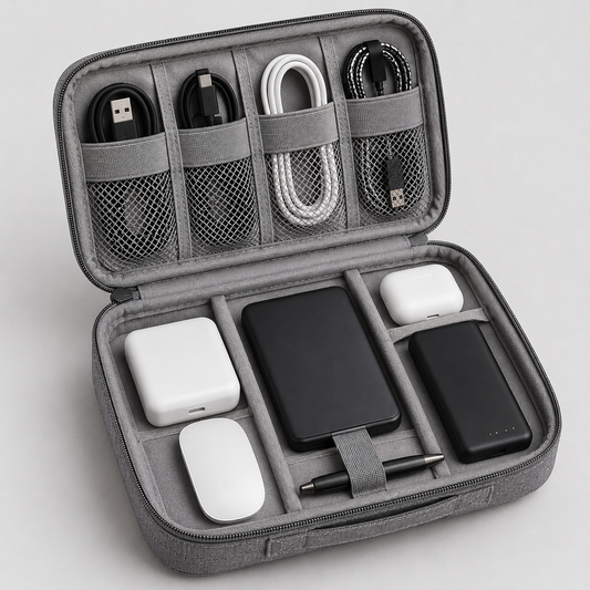 An open gray zippered travel organizer case filled with charging accessories, including cables, earbud cases, a power bank, a mouse, and a pen, photographed on a light gray background.