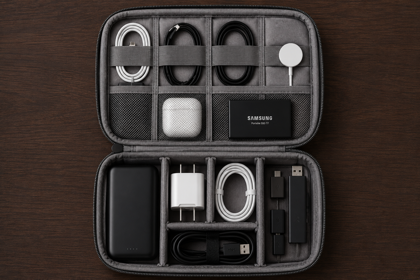 An open gray zippered organizer case on a dark wood background, filled with various tech accessories including a Samsung charger, cables, a white earbud case, and a black power bank.