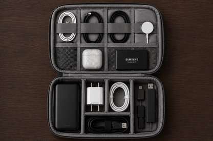 An open gray zippered organizer case on a dark wood background, filled with various tech accessories including a Samsung charger, cables, a white earbud case, and a black power bank.