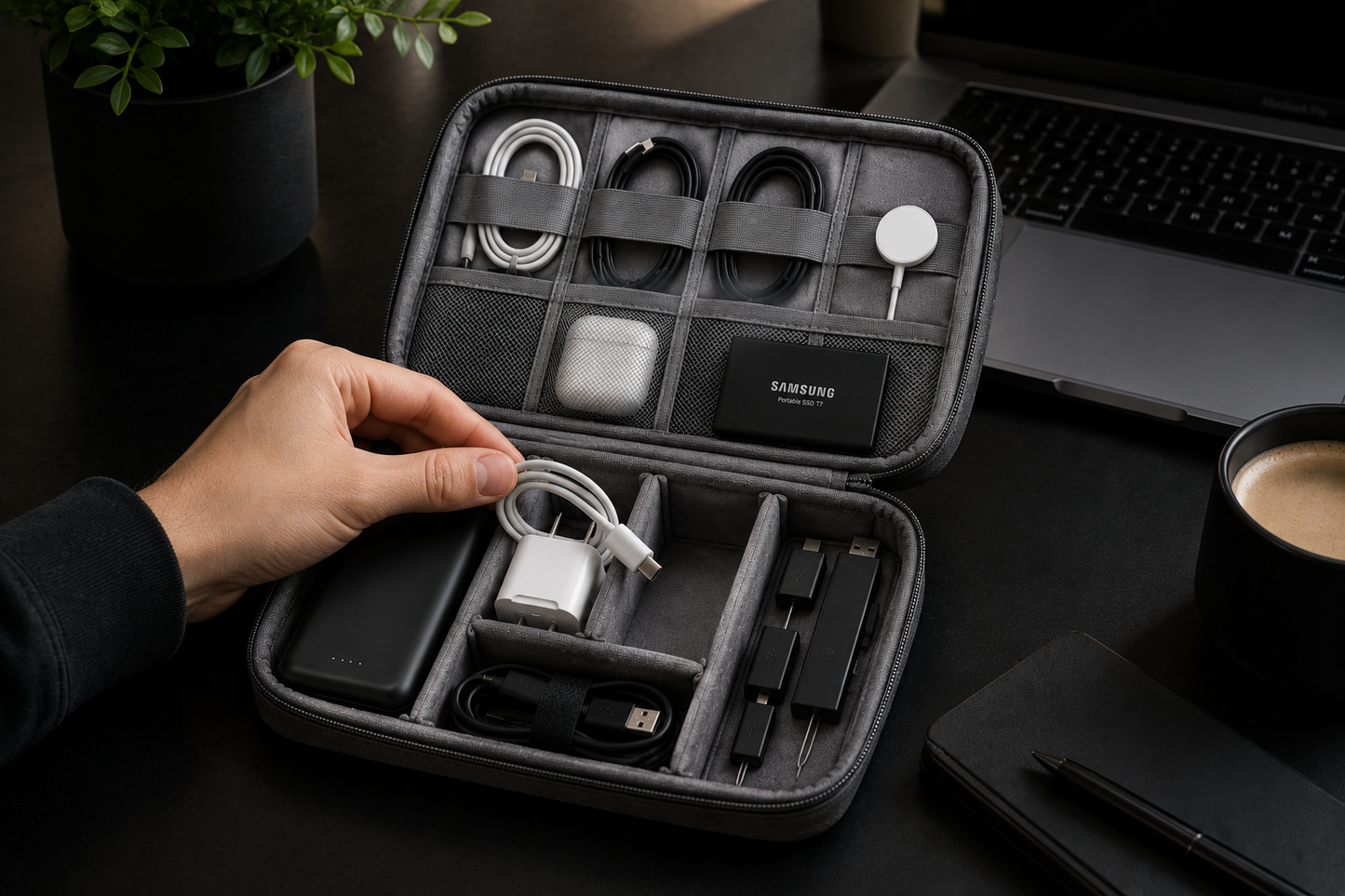 An open gray zippered travel organizer case on a dark desk, holding multiple charging accessories including cables, a power bank, a white charger, and a black Samsung-branded card. A hand is placing or adjusting a white cable inside the case.