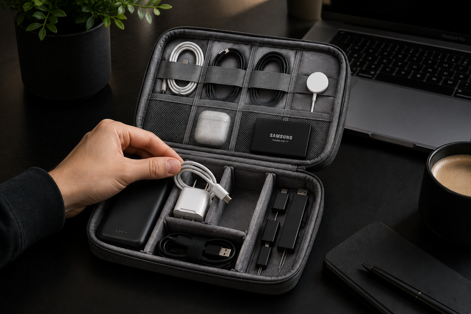 An open gray zippered travel organizer case on a dark desk, holding multiple charging accessories including cables, a power bank, a white charger, and a black Samsung-branded card. A hand is placing or adjusting a white cable inside the case.