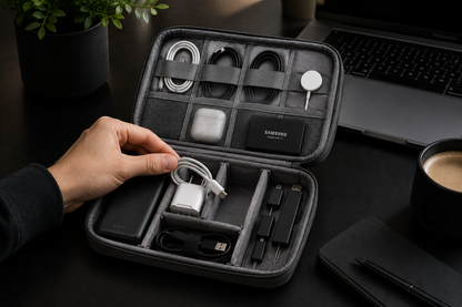 An open gray zippered travel organizer case on a dark desk, holding multiple charging accessories including cables, a power bank, a white charger, and a black Samsung-branded card. A hand is placing or adjusting a white cable inside the case.